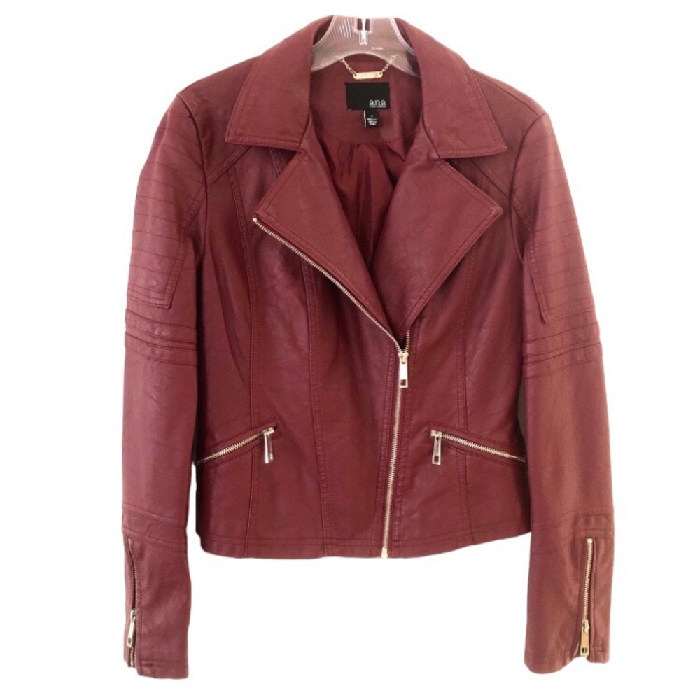 A.n.a Womens Red Textured Faux Leather Moto Jacket Zipped Pockets and Cuffs